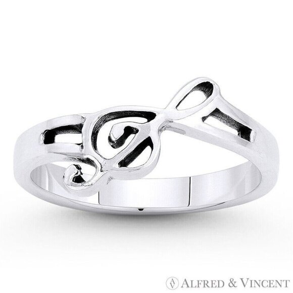 G-Clef Musical Symbol Charm Right-Hand Ring in .925 Sterling Silver - Size 5 - Picture 1 of 1